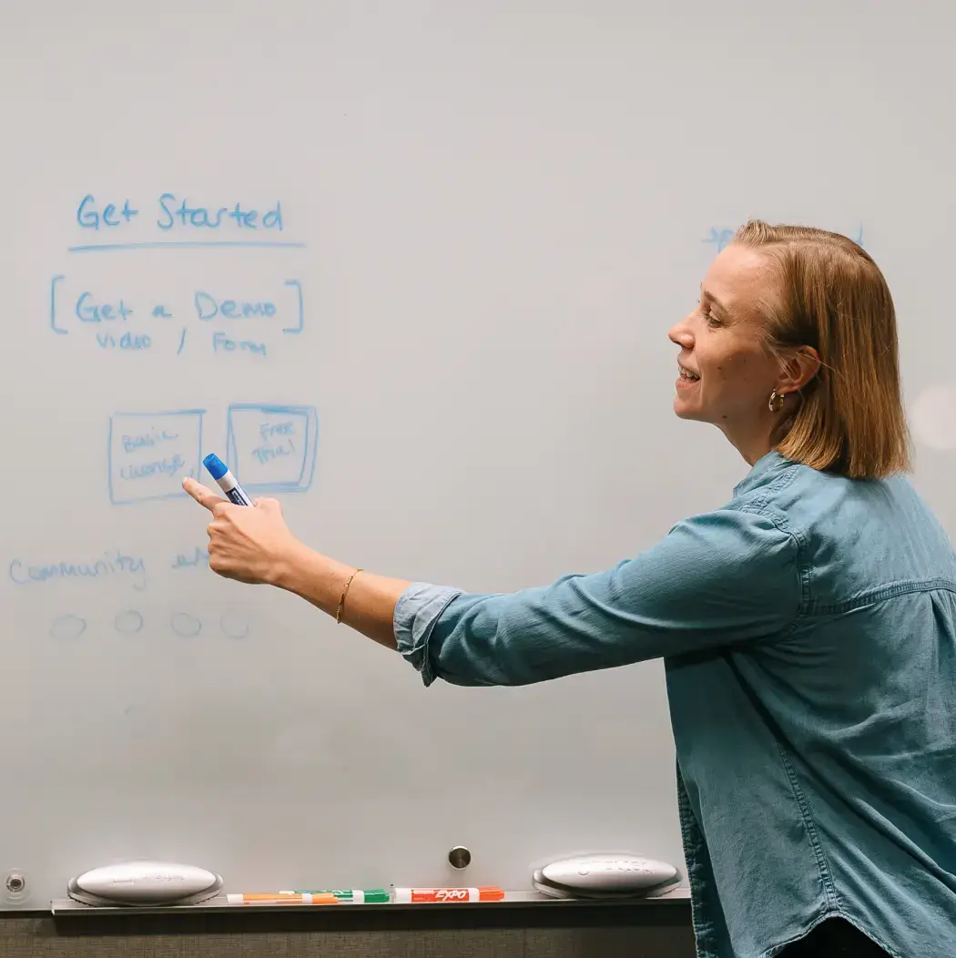 Jordan and Ann at the whiteboard mapping a user journey.