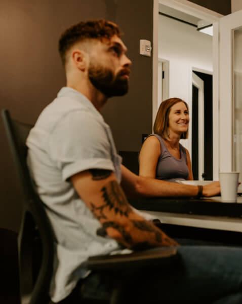 people looking at brand logo