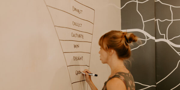 Jordan-Ann writing on the whiteboard the plan for connecting with customers during COVID