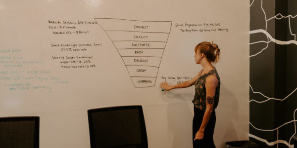 Jordan-Ann walking through the funnel on a whiteboard, explaining the power of a clear objective