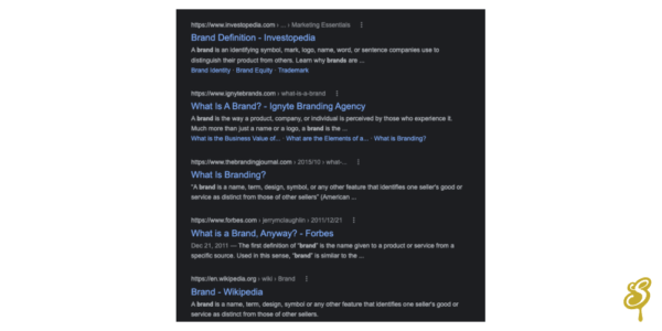 Search results on Google when searching "what is a brand"