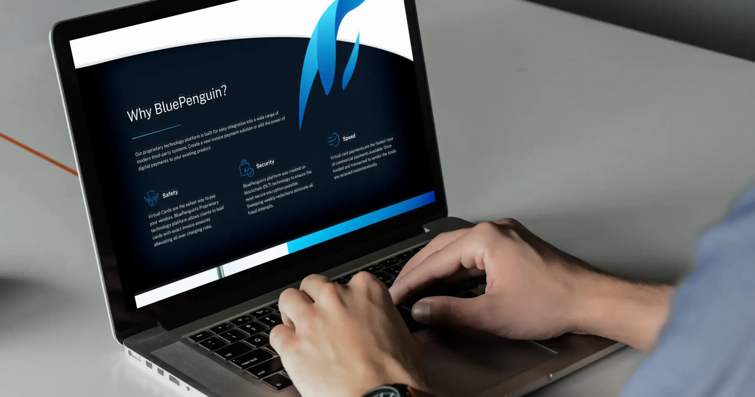 BluePenguin website shown on a laptop computer