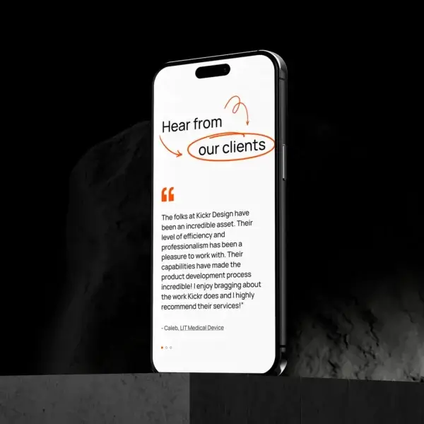 Kickr Design Mobile device showing testimonials