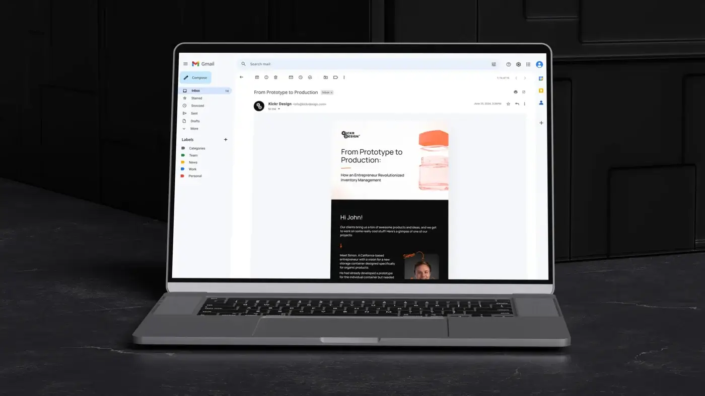 Kickr Design Email shown on a laptop computer